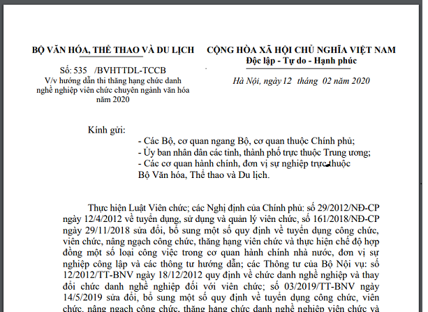 Thi thăng hạng chức danh nghề nghiệp viên chức chuyên ngành văn hóa năm 2020