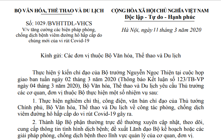 Bộ VHTTDL: Tăng cường các biện pháp phòng, chống Covid -19