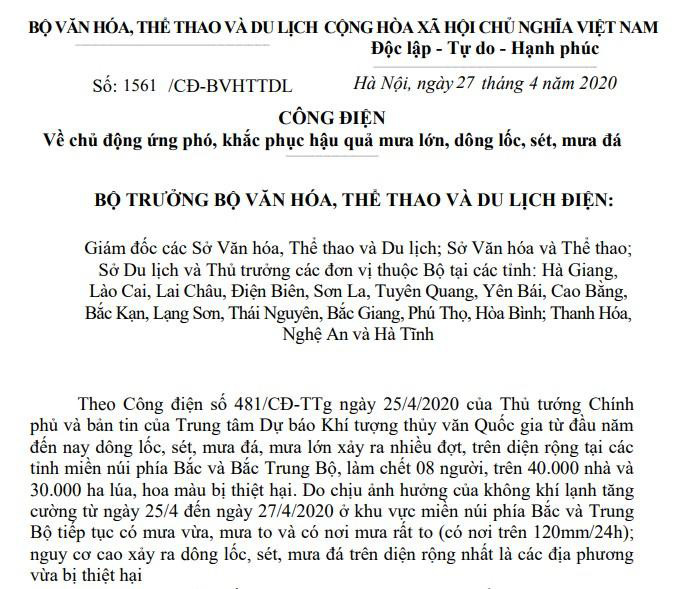Bộ Văn hóa, Thể thao và Du lịch đôn đốc kiểm tra, rà soát và có phương án bảo vệ, các thiết chế văn hóa, thể thao và du lịch trước diễn biến phức tạp của thiên tai