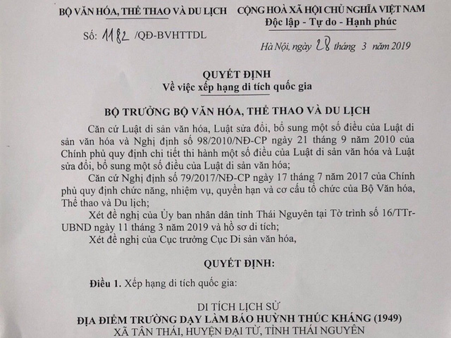 Trường Dạy làm báo Huỳnh Thúc Kháng được xếp hạng Di tích Quốc gia