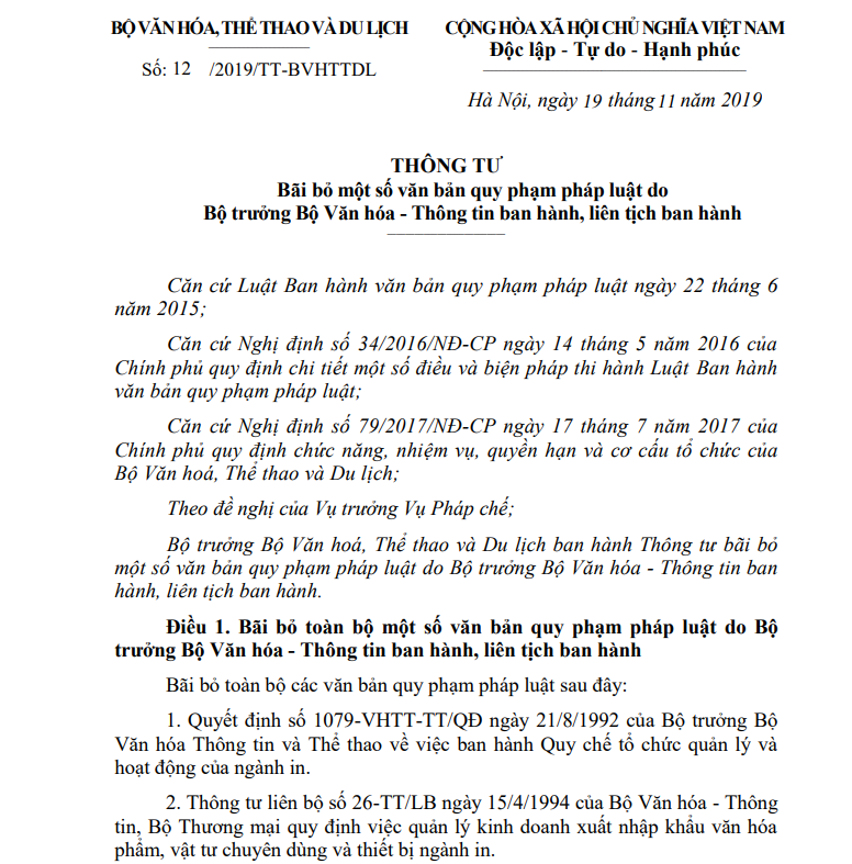 Bộ VHTTDL bãi bỏ toàn bộ 9 văn bản quy phạm pháp luật kể từ ngày 15/01/2020