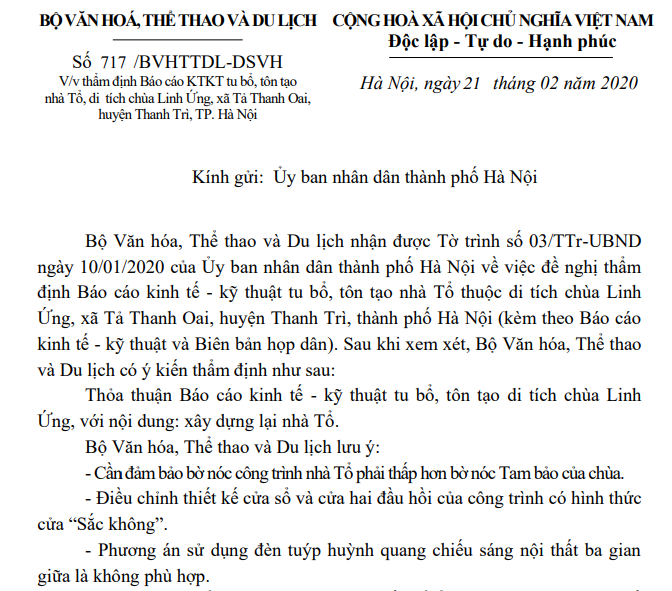 Bộ VHTTDL thẩm định Báo cáo kinh tế - kỹ thuật tu bổ, tôn tạo di tích chùa Linh Ứng