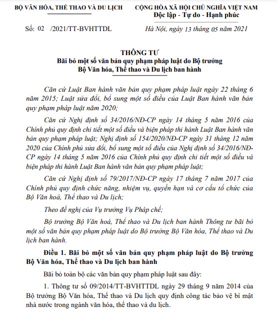 Bộ VHTTDL bãi bỏ một số văn bản quy phạm pháp luật từ ngày 01/7/2021