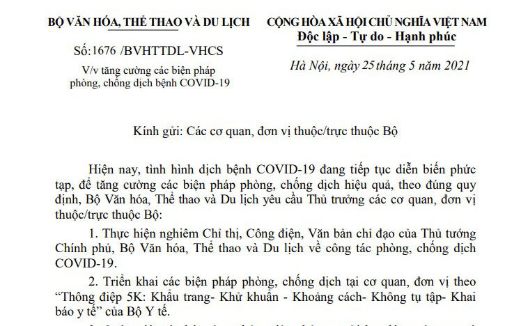Bộ VHTTDL yêu cầu thực hiện nghiêm các quy định phòng, chống dịch bệnh COVID-19