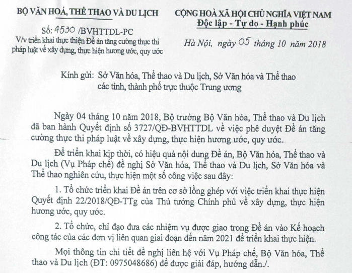 Triển khai thực hiện Đề án tăng cường thực thi pháp luật về xây dựng, thực hiện hương ước, quy ước