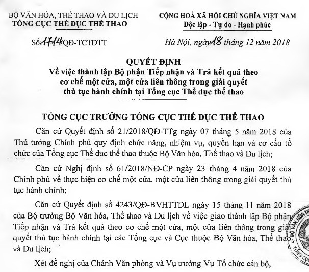 Thành lập Bộ phận Một cửa tại Tổng cục Thể dục thể thao